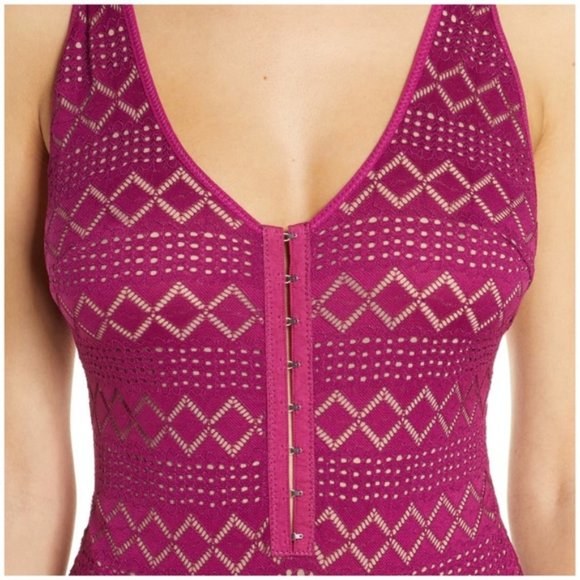 FREE PEOPLE Thank You Never Bodysuit Mesh Lace Purple Tank Top V Neck Small New - Picture 6 of 6